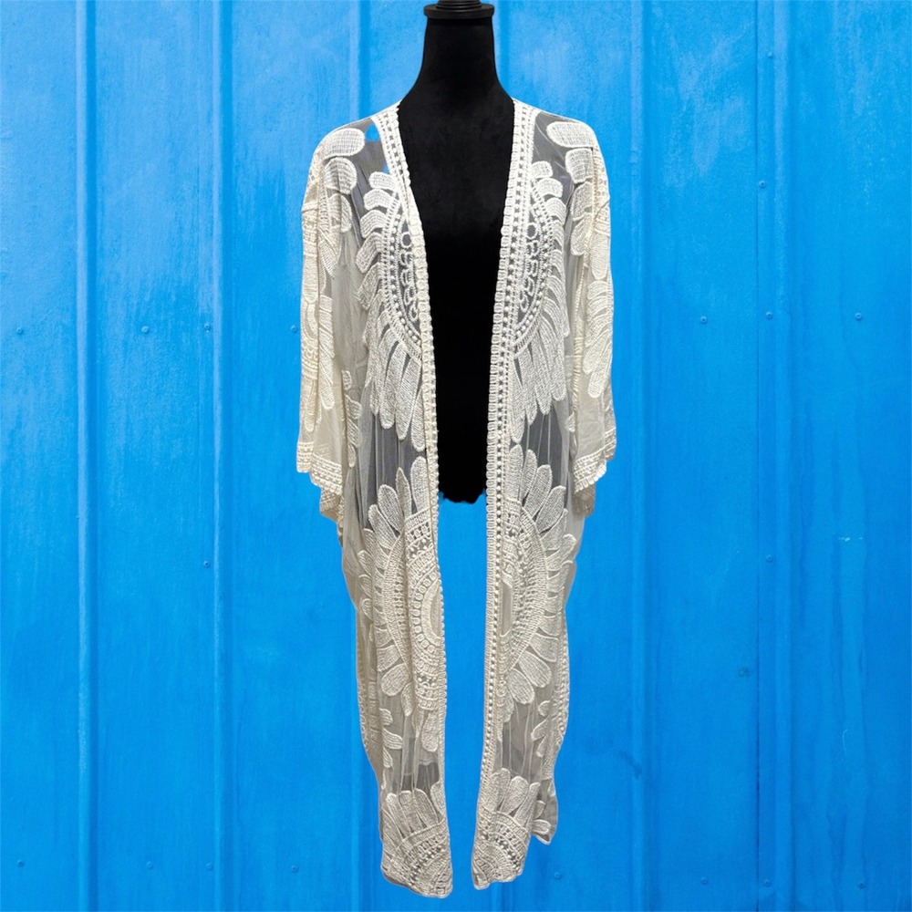 Style‎ Apparel Kimono Cardigan Womens XL Cream Lace Mesh Boho Floral